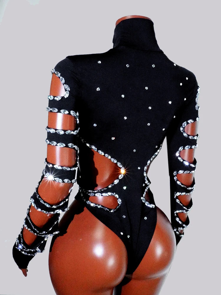 Drag Queen Outfit Sparkly Black Hollow Sexy 2 Piece Crystal Women Evening Prom Celebrate Birthday NightClub Performance Costume