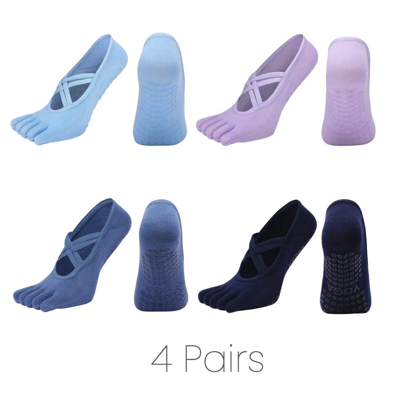 1/4 Pairs New Women Anti Slip Pilates Socks Five Toe Silicone Non-Slip Yoga Sock Bandage Ladies Fitness Sports Cotton Sock