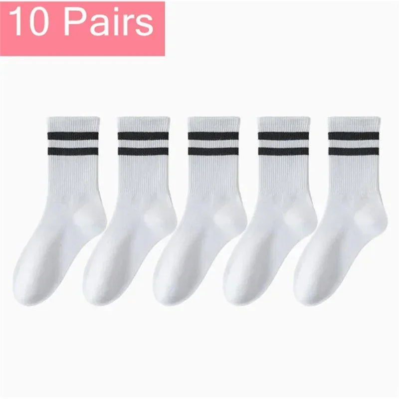 Mid Length Socks Women Classic Black White Solid Color Fashionable Casual Sports Absorbing Breathable Men Socks 1/7/10/20 Pairs
