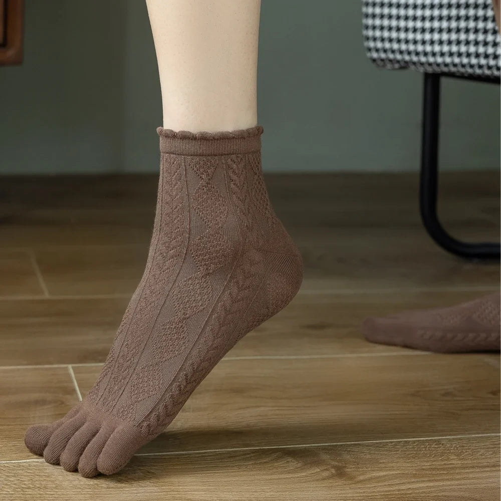 3 Pairs Summer Mesh Toe Socks Women Embroidered Floral Five Finger Socks High Quality Cotton Athletic Socks