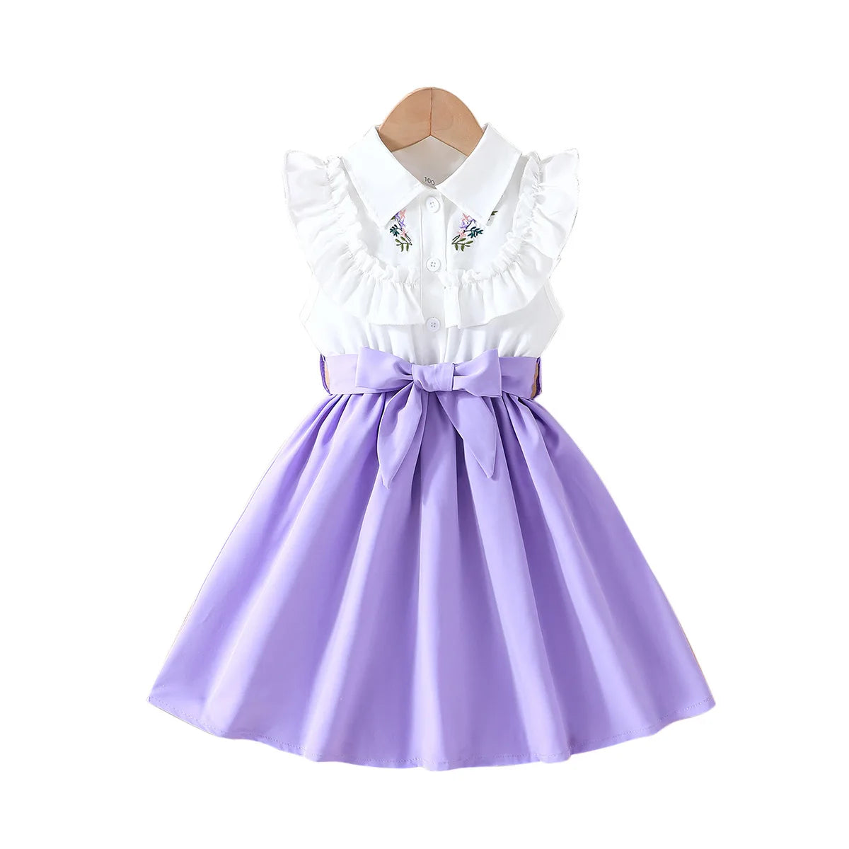 Prowow Lady Girl's Dresses Sleeveless Embroidery Floral Lotus Dress Turn-Down Collar Patchwork Shirt Dress For Girls With Belt