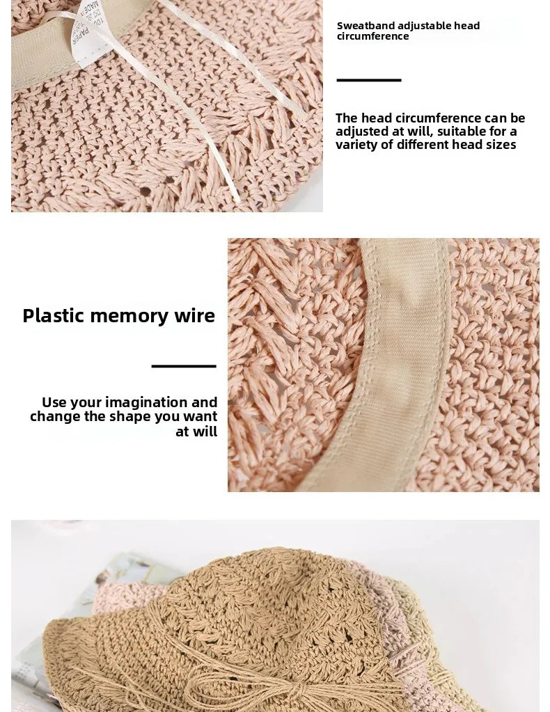 Foldable Sun Protection Straw Hat Women's Summer Korean Style Beach Vacation Outing Large Brim Sand Beach Cap Lace Net Hat