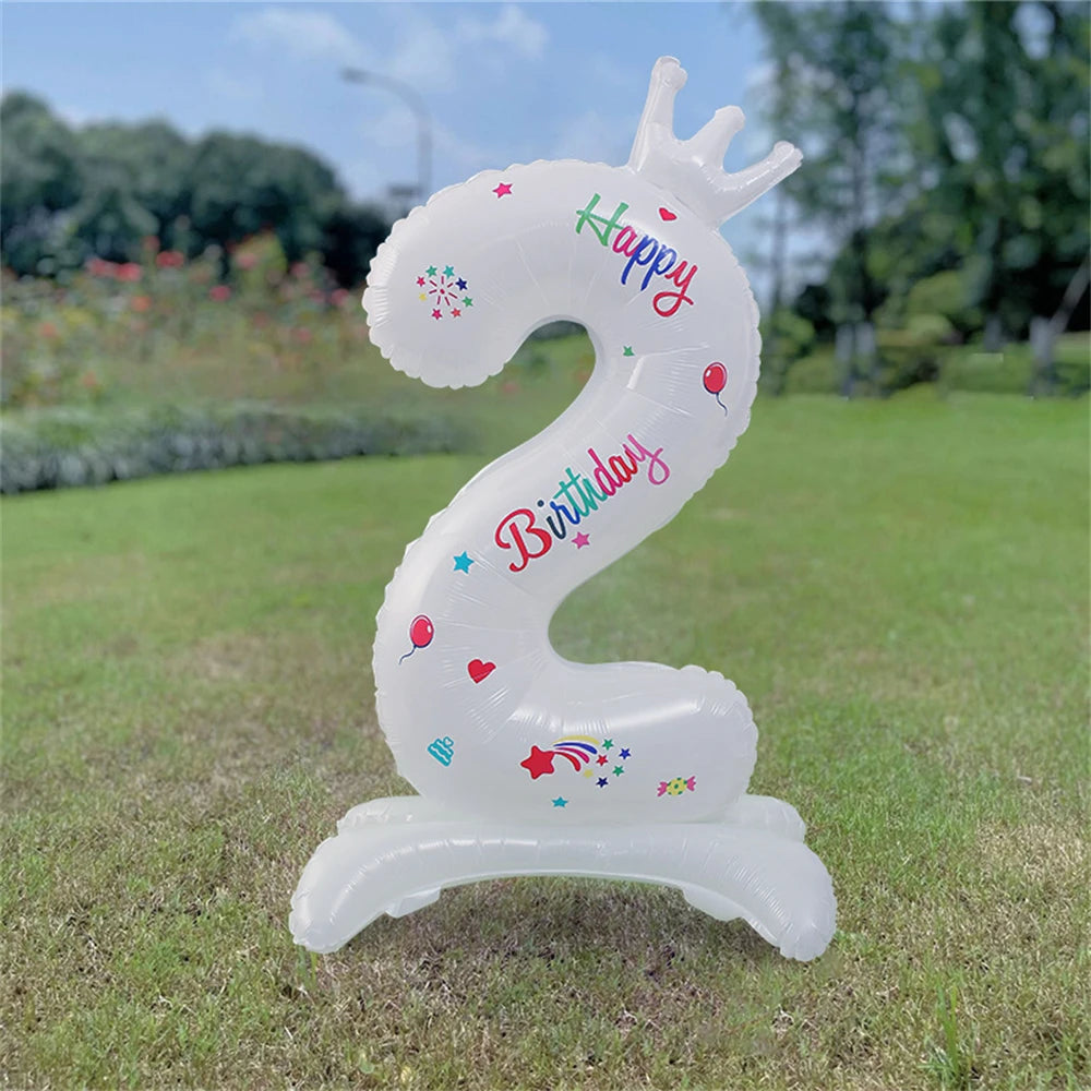 32inch White Crown Number Standing Balloon 0-9 Digital Balloons For Children's Happy Birthday Party Anniversary Decoration Golob