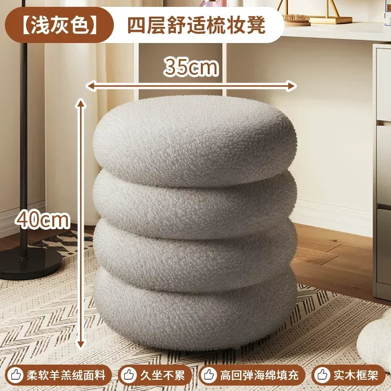 Creamy Household Stool for Girls, Makeup Seat, Bedroom Vanity Chair, Soft Lamb Wool Pouf, Minimalist Manicure, Round Ottoman