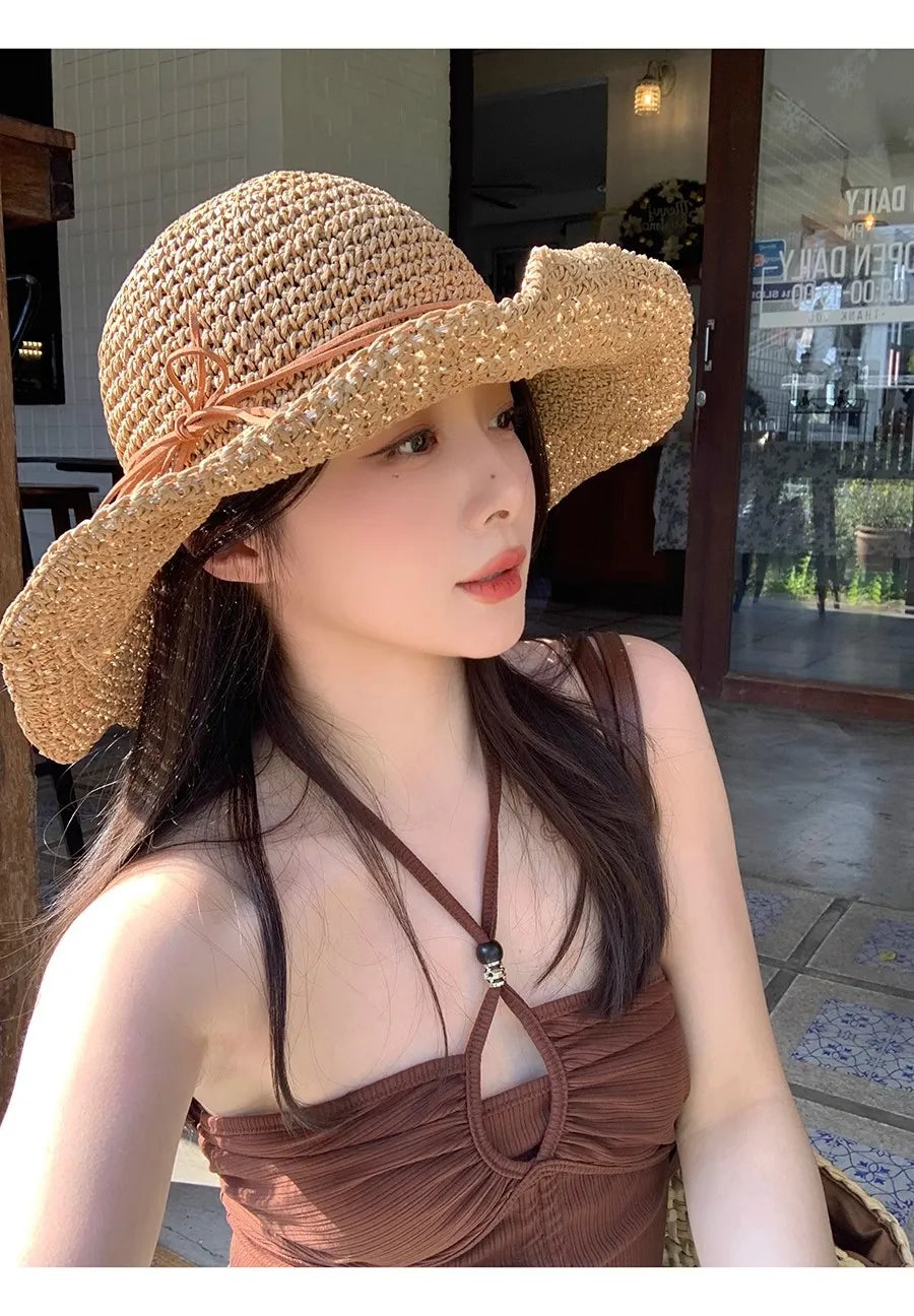 Holiday Sle Beach Fisherman Hat Seaside Sun Protection Sun Hat Large Brim Bow Woven Straw Hat Women Panama Chapeau Korean