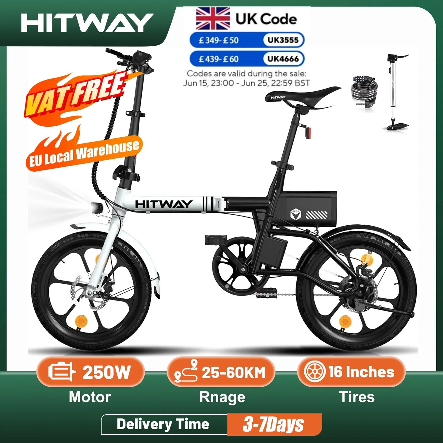 HITWAY BK35 Folding Electric Bike, 16 inch E Bike 250W City E-Bike Max.Range 25-60KM