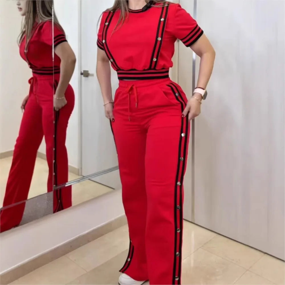 Fashion Rivet T Shirt Short Sleeved Long Pants Women's Set Autumn Casual Striped Red Slit Straight through Long Pants Sports Set