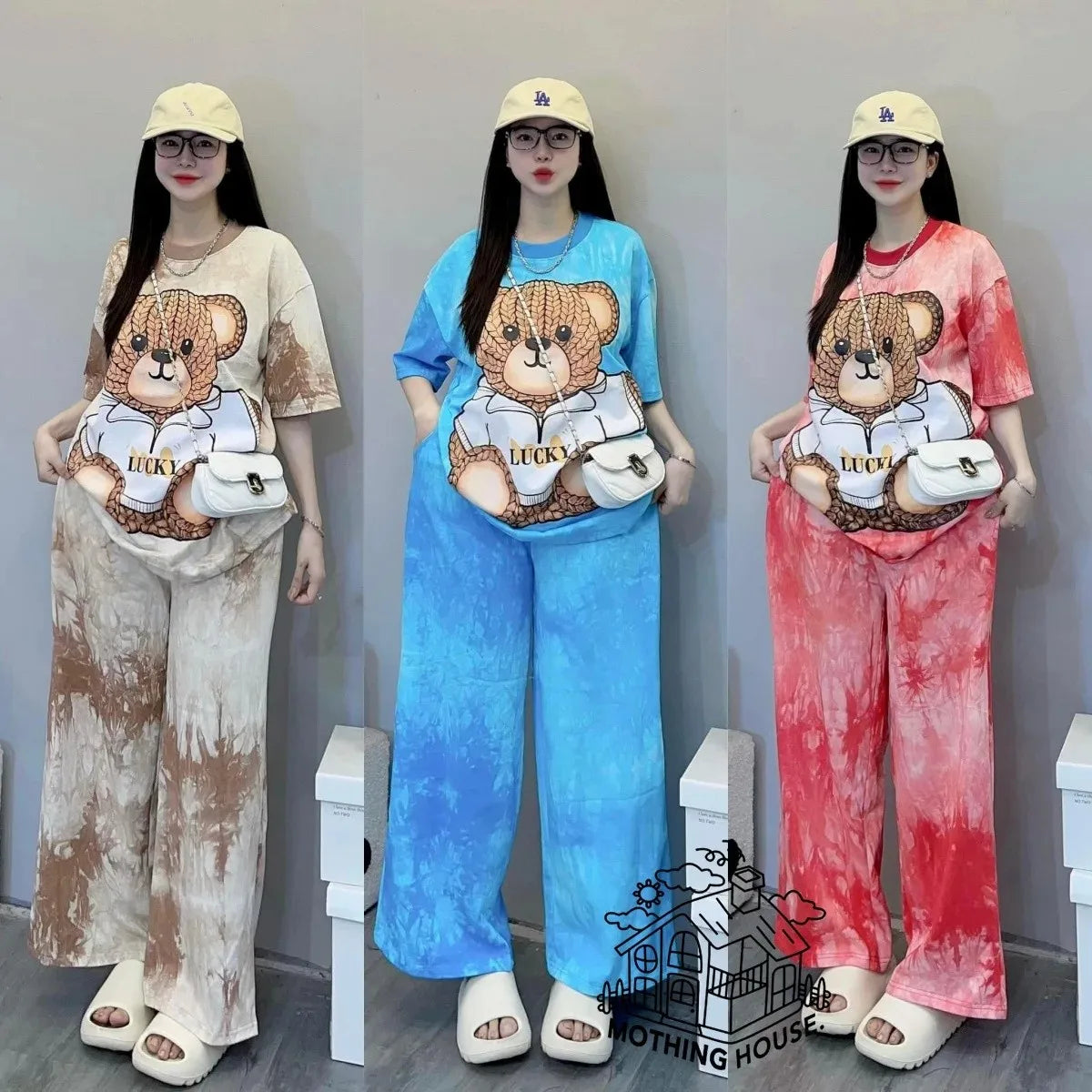 Fashionable Tie-Dye Set Women's Loose Bear Print Short Sleeve Wide Leg Pants Stylish Trendy Two-Piece Summer Outfit