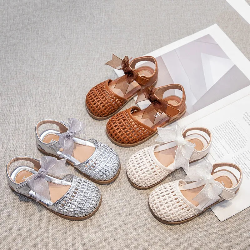 Braided Sandal for Girl Princess Summer Shoe Child Soft Sole Close Toed Butterfly Beach Shoe Kids Casual Shoe Beige Brown Silver