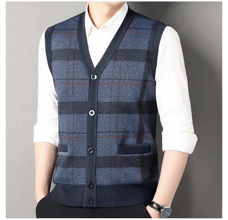 New Men's Sweater Vest Casual Sleeveless Knit Jackets Men Fashion Plaid V-neck Cardigans Man Clothes Knitted Waistcoat