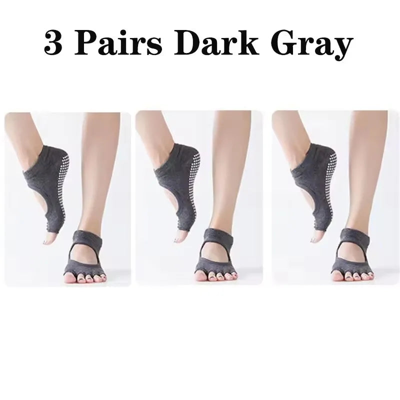 3 Pairs Women Backless Five Toe Yoga Socks Non-Slip Cotton Dance Ballet Pilates Socks Open Half Breathable Fitness Sports Socks