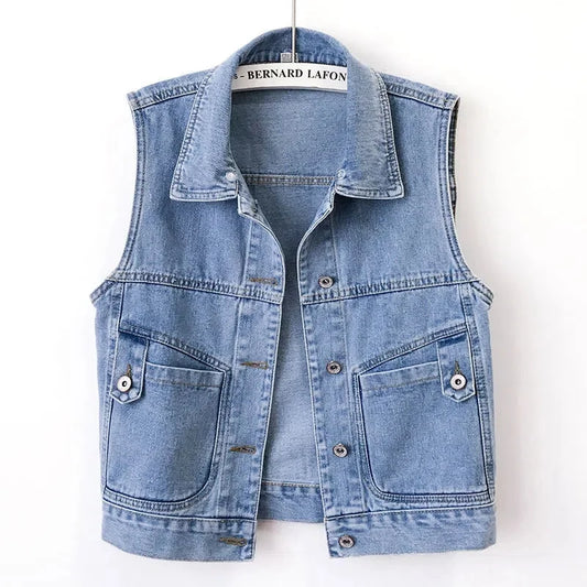 New Women Denim Vest Jackets Spring Autumn Pocket Hooded  Short Jean Waistcoat Sleeveless Jacket Outerwear Female Casual Top 5XL