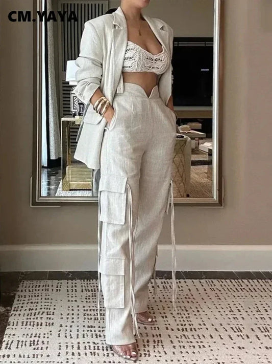 CM.YAYA Fashion Women's Set Long Sleeve Blazer Suit and Wide Leg Cargo Pants 2023 OL Workout Two 2 Piece Sets Outfit Tracksuit