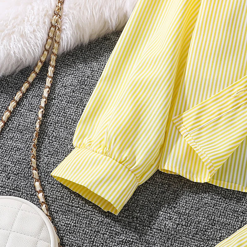 Kids Costume Suit For 4-12 Years Girls Pink Striped Long Sleeve Lapel Cardigan Shirt & Pants Daily Causal Style Comfortable Suit