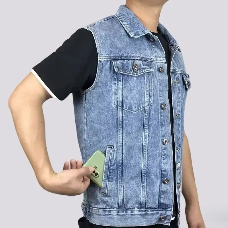 Men's Denim Vest Sleeveless Multi-Pocket Solid Color Spring Autumn Fashion Outerwear Casual Style Pure Color Top Coat