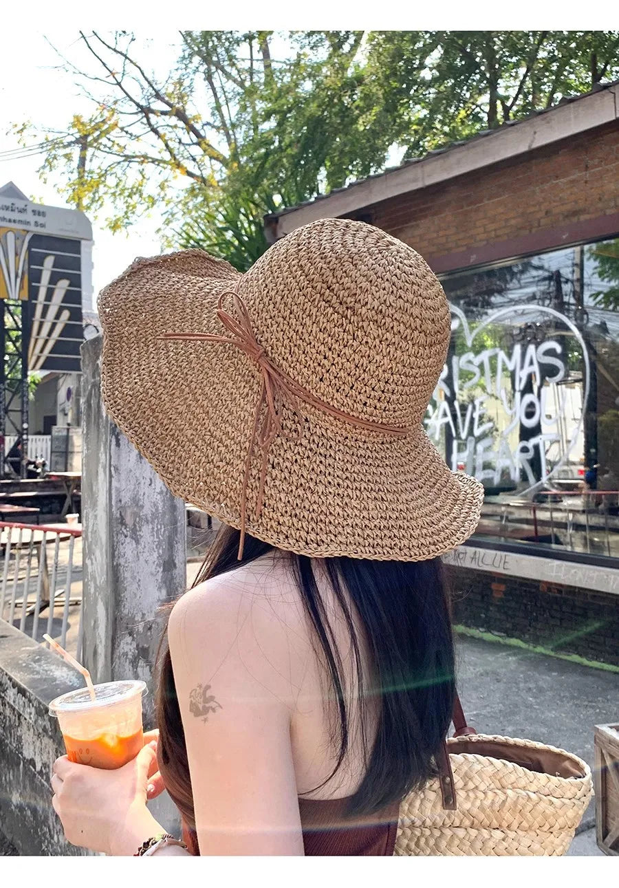 Holiday Sle Beach Fisherman Hat Seaside Sun Protection Sun Hat Large Brim Bow Woven Straw Hat Women Panama Chapeau Korean
