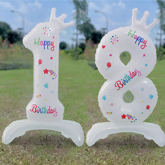32inch White Crown Number Standing Balloon 0-9 Digital Balloons For Children's Happy Birthday Party Anniversary Decoration Golob