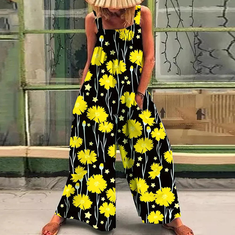 Loose casual lazy wind oversize print suspenders one-piece pants 2024 summer new straps broad leg one-piece pants woman