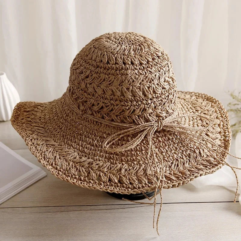 Foldable Sun Protection Straw Hat Women's Summer Korean Style Beach Vacation Outing Large Brim Sand Beach Cap Lace Net Hat