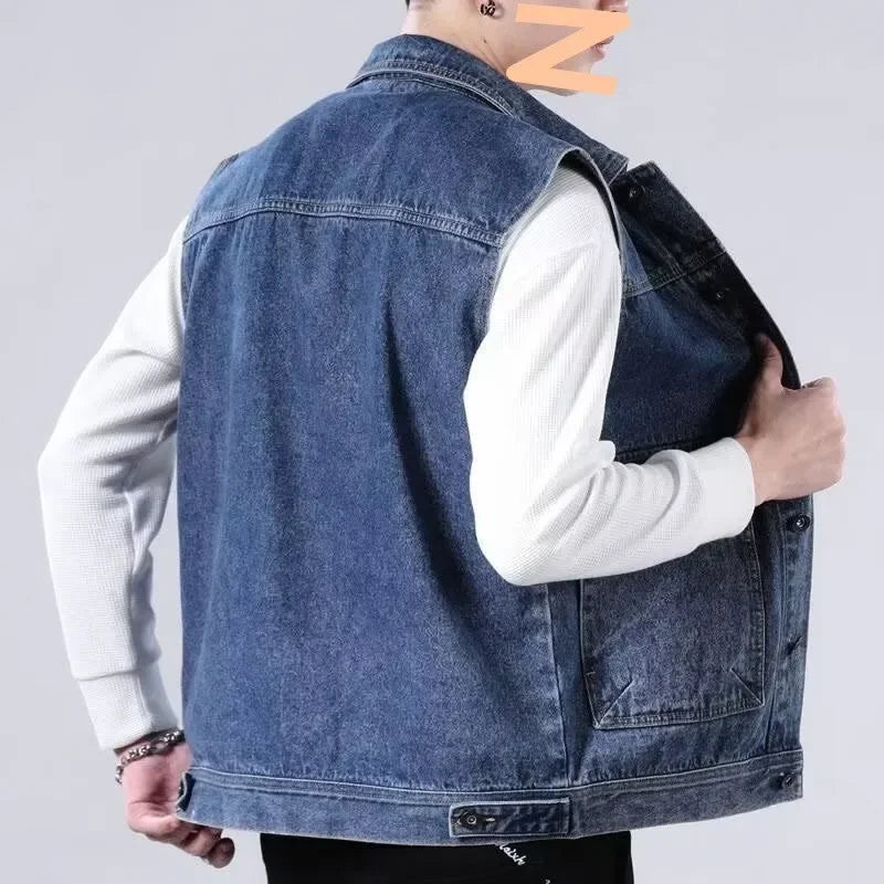 Loose Men's Denim Vest Spring Autumn American Retro Style Sleeveless Workwear Jacket Casual Trendy Brand Outerwear