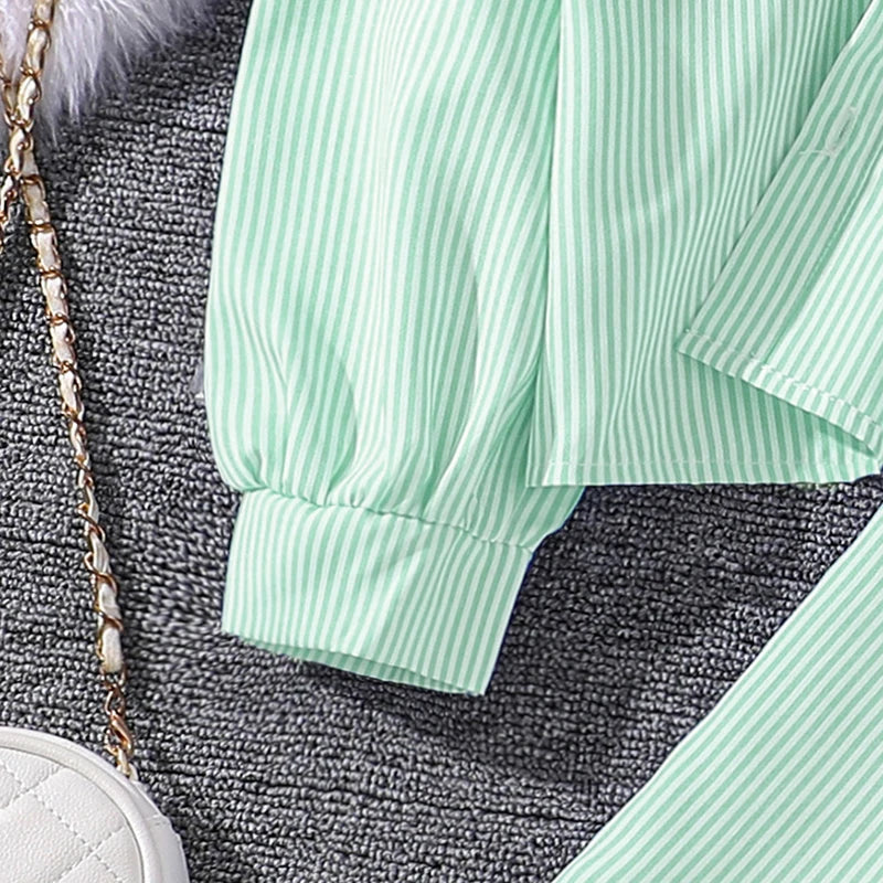 Kids Costume Suit For 4-12 Years Girls Pink Striped Long Sleeve Lapel Cardigan Shirt & Pants Daily Causal Style Comfortable Suit