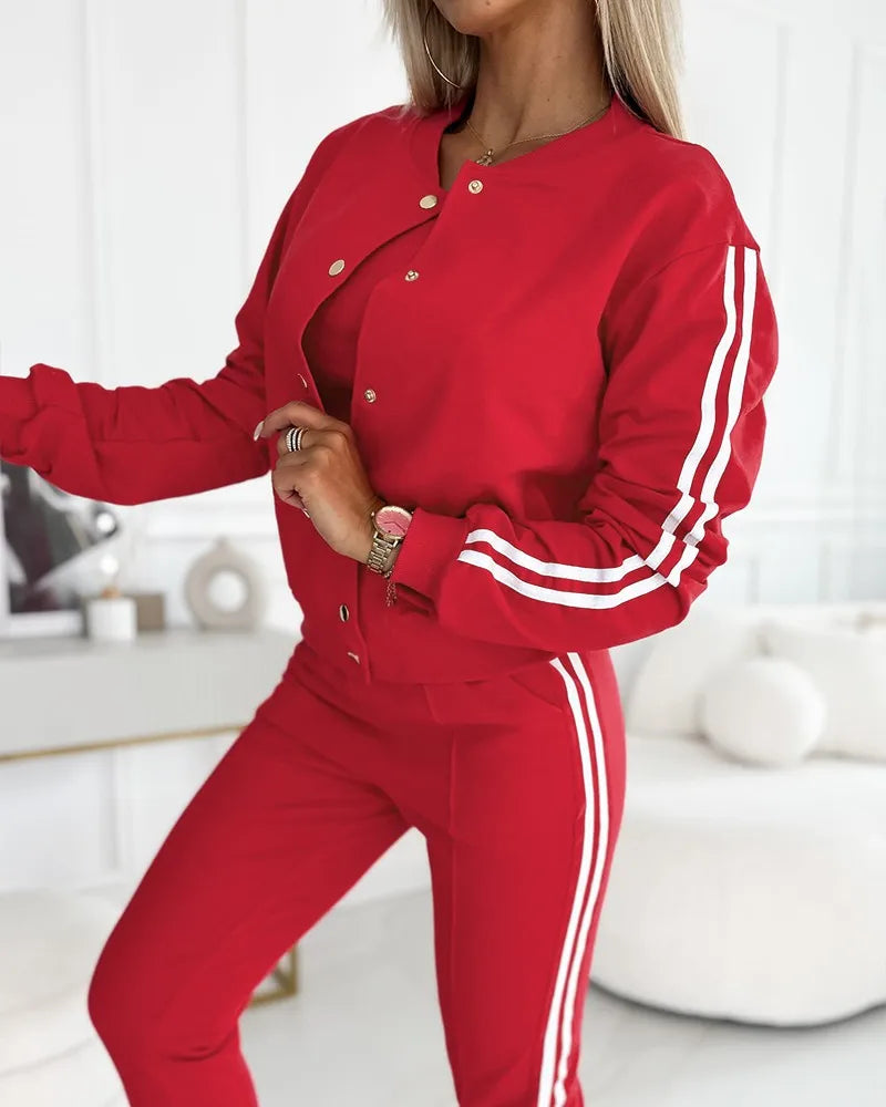 Autumn 3 Piece Tracksuit Outfit Set Striped Tape Patch Button Front Jacket Cuffed Pants Tank Top with Pockets for Casual Wear