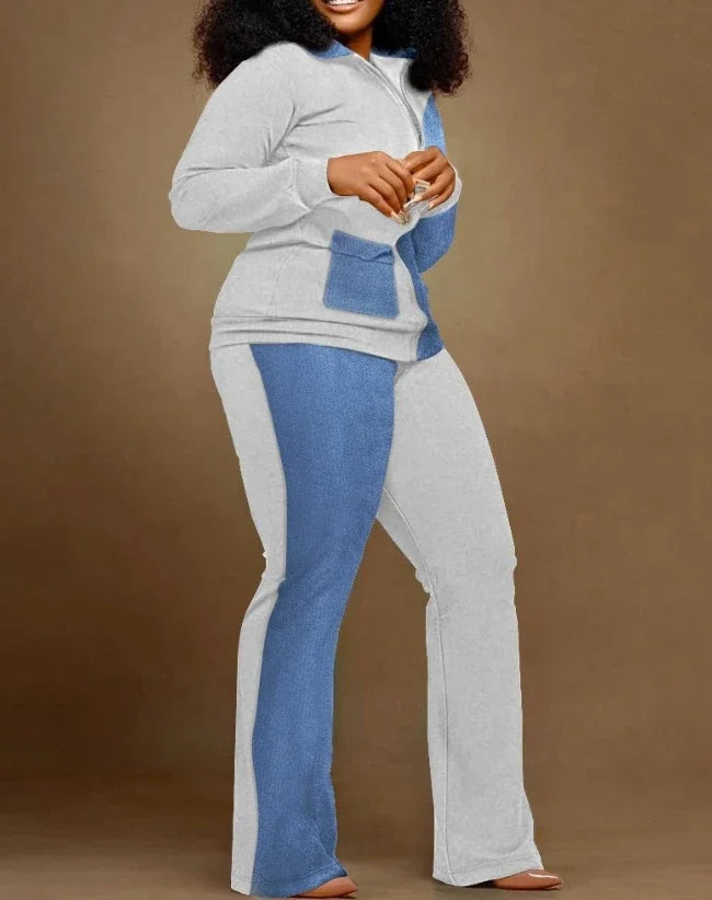 CPSYMYM Two Piece Set Women Outfit Autumn   Denim Look Print Zipper Design Stand Collar Long Sleeve Top & Casual Pants Set