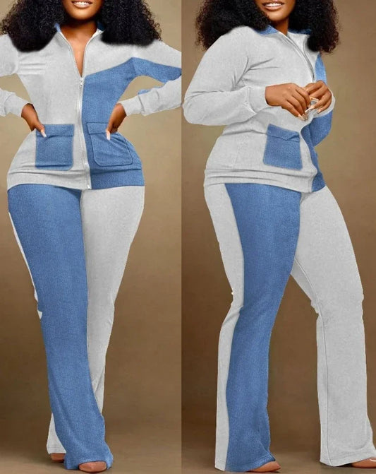 CPSYMYM Two Piece Set Women Outfit Autumn   Denim Look Print Zipper Design Stand Collar Long Sleeve Top & Casual Pants Set