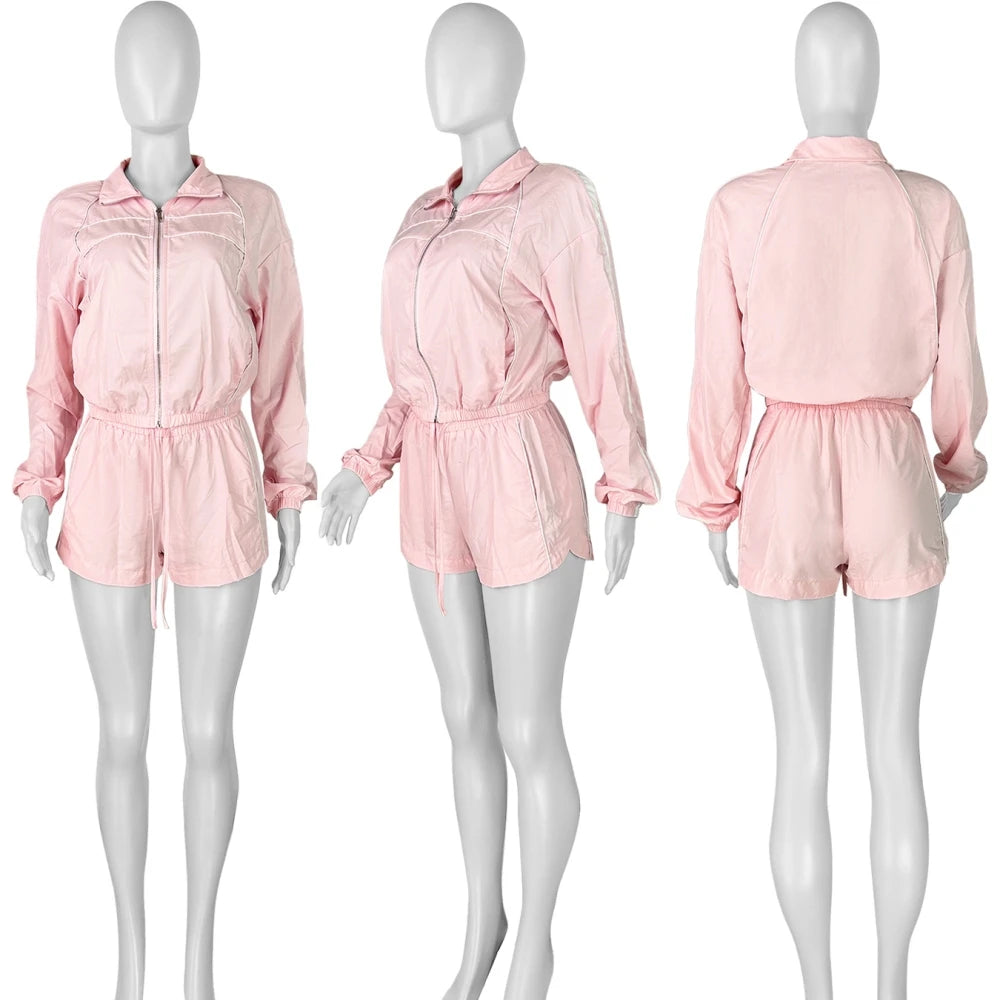 FAGADOER Casual Color Block 2 Pieces Set for Woman Long Sleeve Zipper Crop Jacke and Drawstring Shorts Female Jogger Clothing