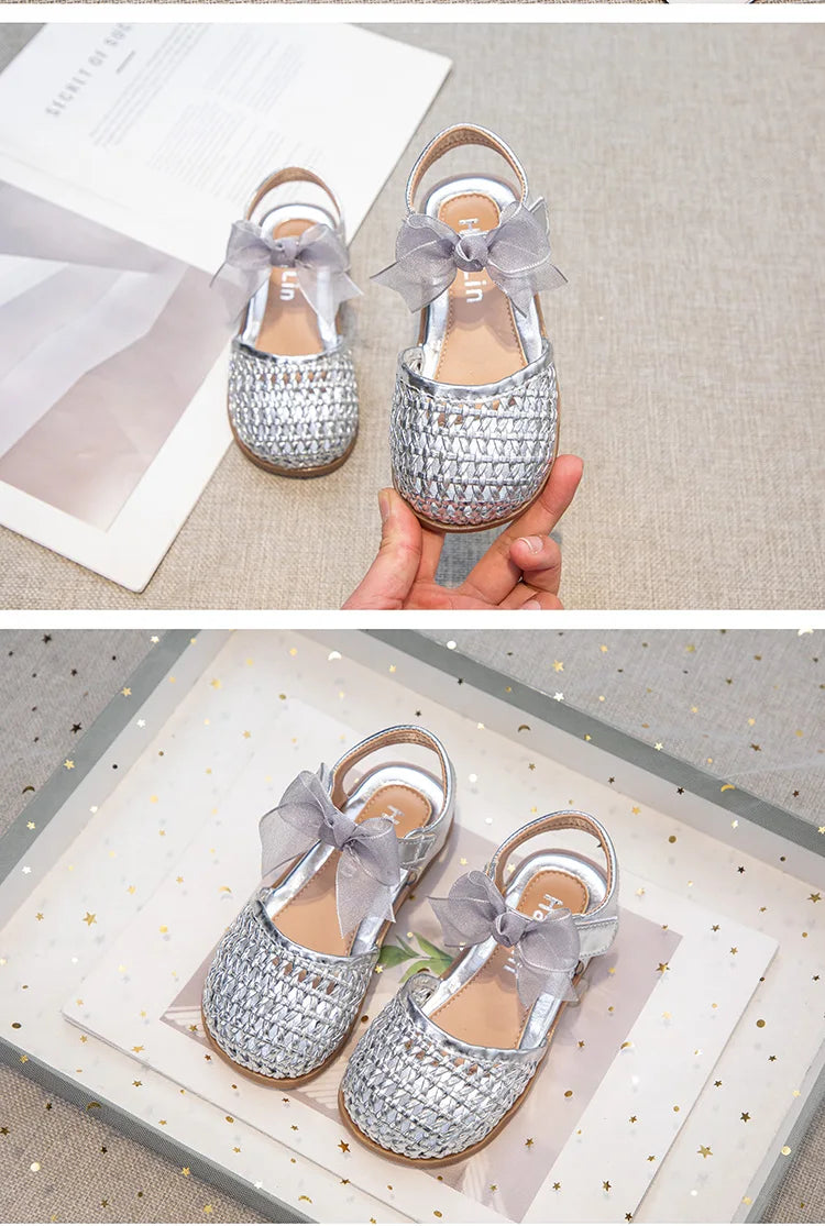 Braided Sandal for Girl Princess Summer Shoe Child Soft Sole Close Toed Butterfly Beach Shoe Kids Casual Shoe Beige Brown Silver