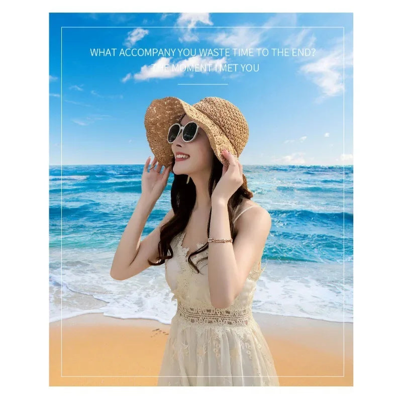 Foldable Sun Protection Straw Hat Women's Summer Korean Style Beach Vacation Outing Large Brim Sand Beach Cap Lace Net Hat
