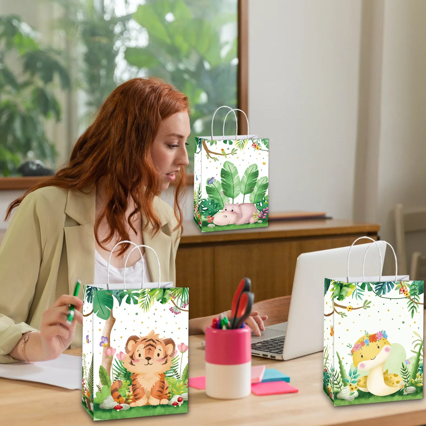 10-49pcs Cartoon Jungle Animals Gift Handbag Zebra Tiger Giraffe Fox Candy Package Jungle Theme Birthday Party Decor Supplies