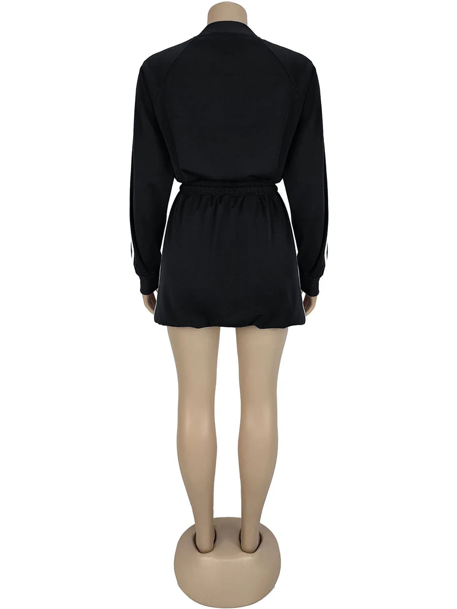 ZIML Minimalist Two Piece Sets For Women Stand Collar Long Sleeve Spliced Zipper Tops High Waist Shorts Chic Set Female Fashion