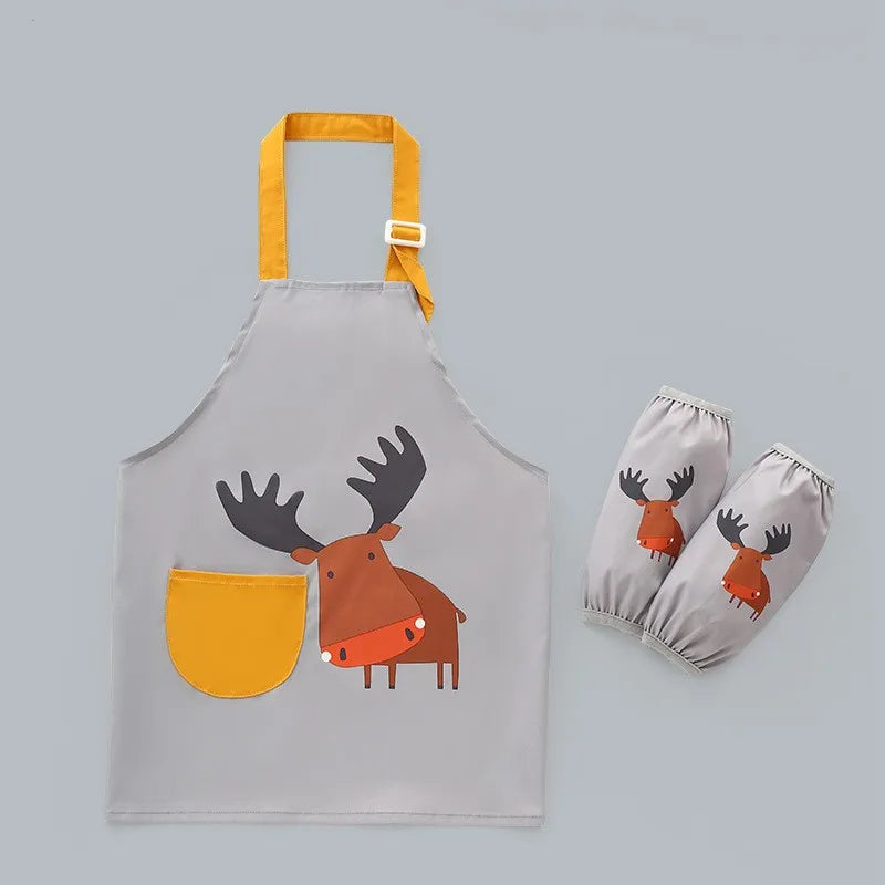 Cute Cartoon Children Apron with Sleeves Set Baby Bibs Kids Craft Art Apron Kitchen Cooking Suit Toddler Burp Cloths for 3-12Y