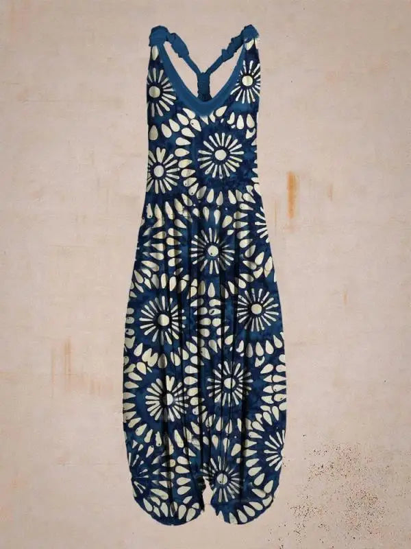 Bohemian Women's V-neck Sleeveless Jumpsuit Retro Ethnic Halter Top Harem Pants Beach Fashionable Casual Floral Print Jumpsuit