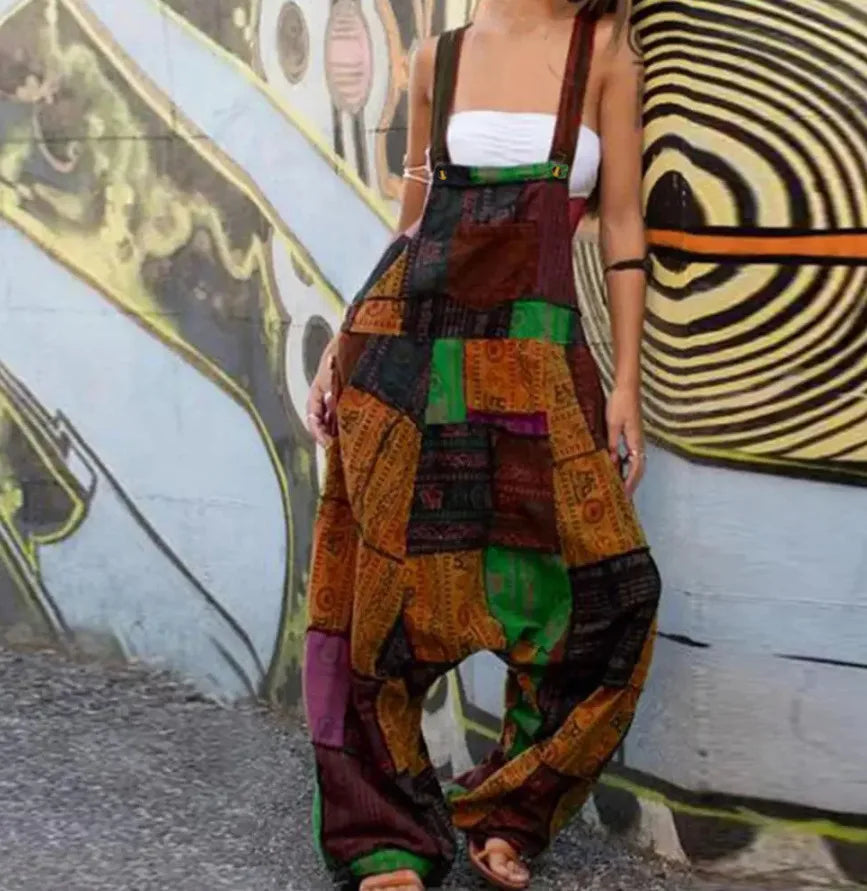 Fashion Patchwork Suspender Trousers Jumpsuit For Women Hip-hop Patchwork Ethnic Print Loose Harem Pantsstreet  Rompers Female