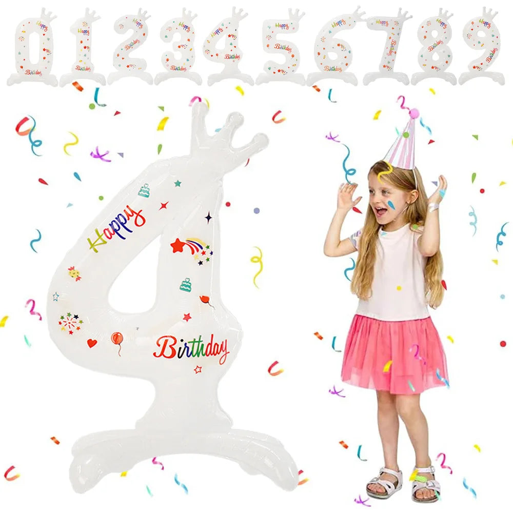 32inch White Crown Number Standing Balloon 0-9 Digital Balloons For Children's Happy Birthday Party Anniversary Decoration Golob