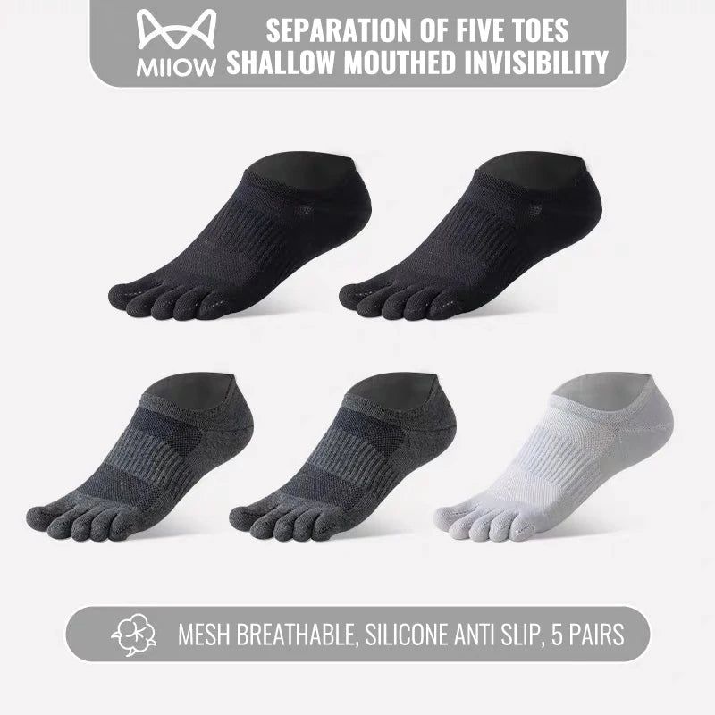 MiiOW Pure Cotton Five Finger Short Socks Men Sweat Absorbent Antibacterial Breathable Mesh Boat Socks Running Sports Toe Sock