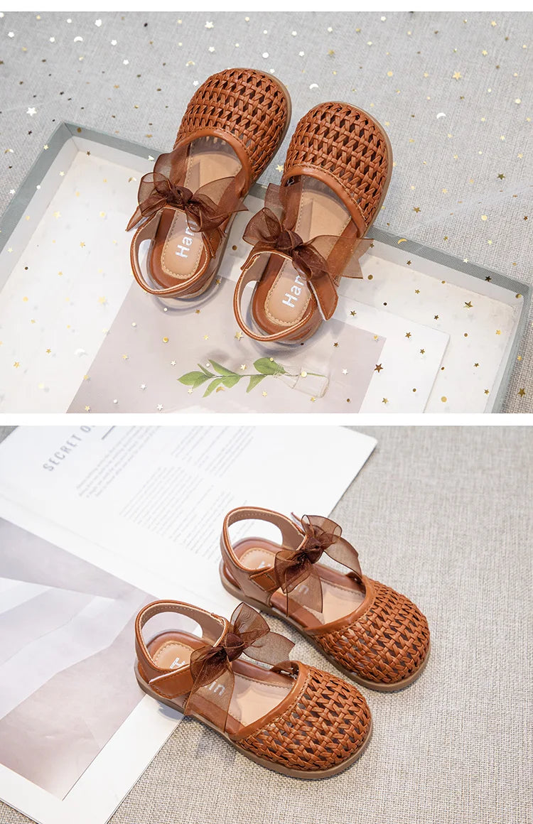 Braided Sandal for Girl Princess Summer Shoe Child Soft Sole Close Toed Butterfly Beach Shoe Kids Casual Shoe Beige Brown Silver