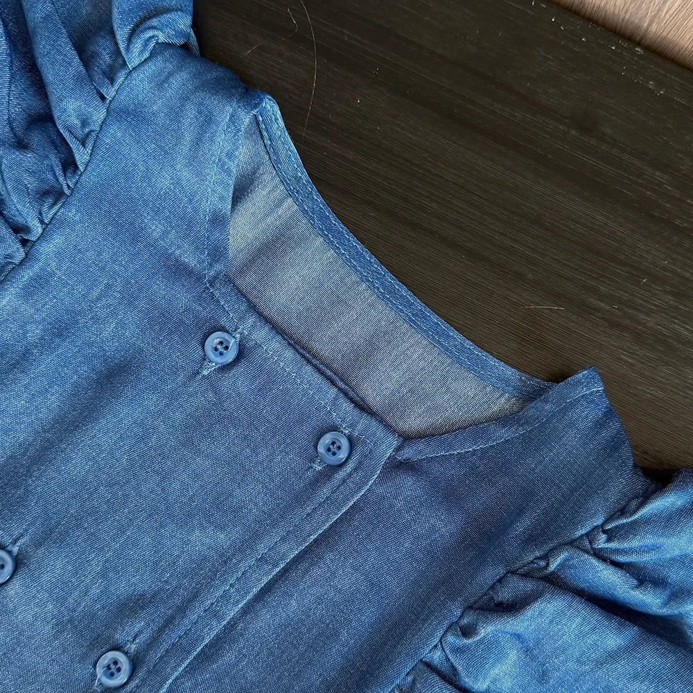 Bear Leader Toddler Girl Clothes Summer Solid Color Imitation Denim Children's Suit Blue Ruffled Sleeveless Vest+Pants 2Pcs Set