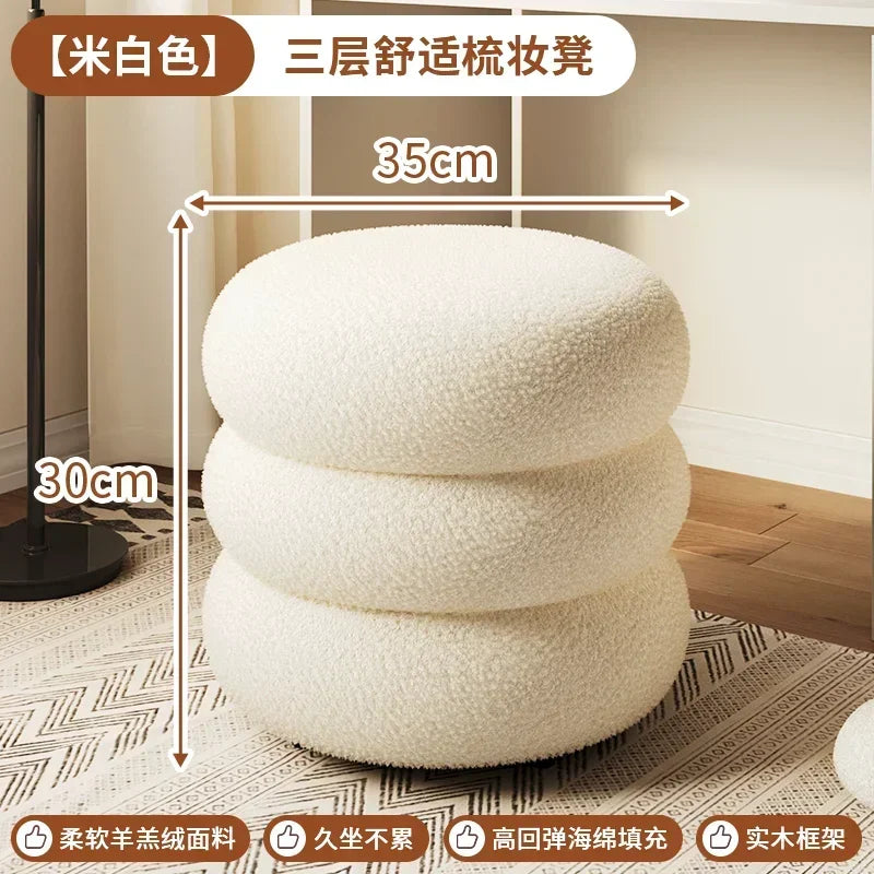 Creamy Household Stool for Girls, Makeup Seat, Bedroom Vanity Chair, Soft Lamb Wool Pouf, Minimalist Manicure, Round Ottoman