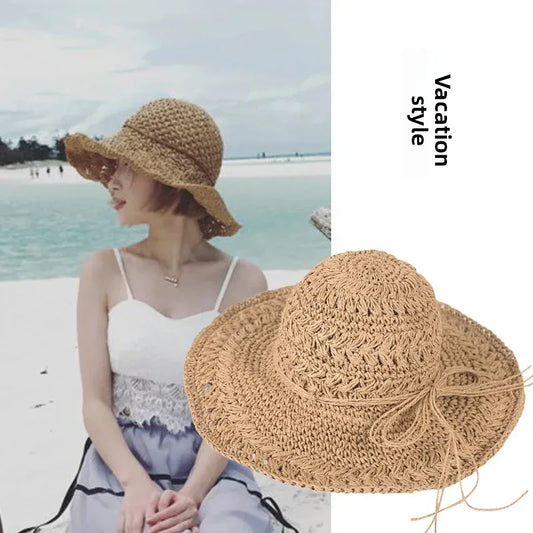 Foldable Sun Protection Straw Hat Women's Summer Korean Style Beach Vacation Outing Large Brim Sand Beach Cap Lace Net Hat
