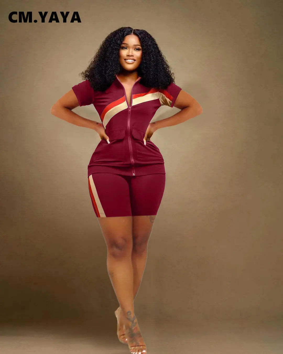 CM.YAYA Patchwork Fashion Women's Set Short Sleeve Track Top and Shorts Suit 2023 Sweatsuit Two 2 Piece Set Outfit Tracksuit