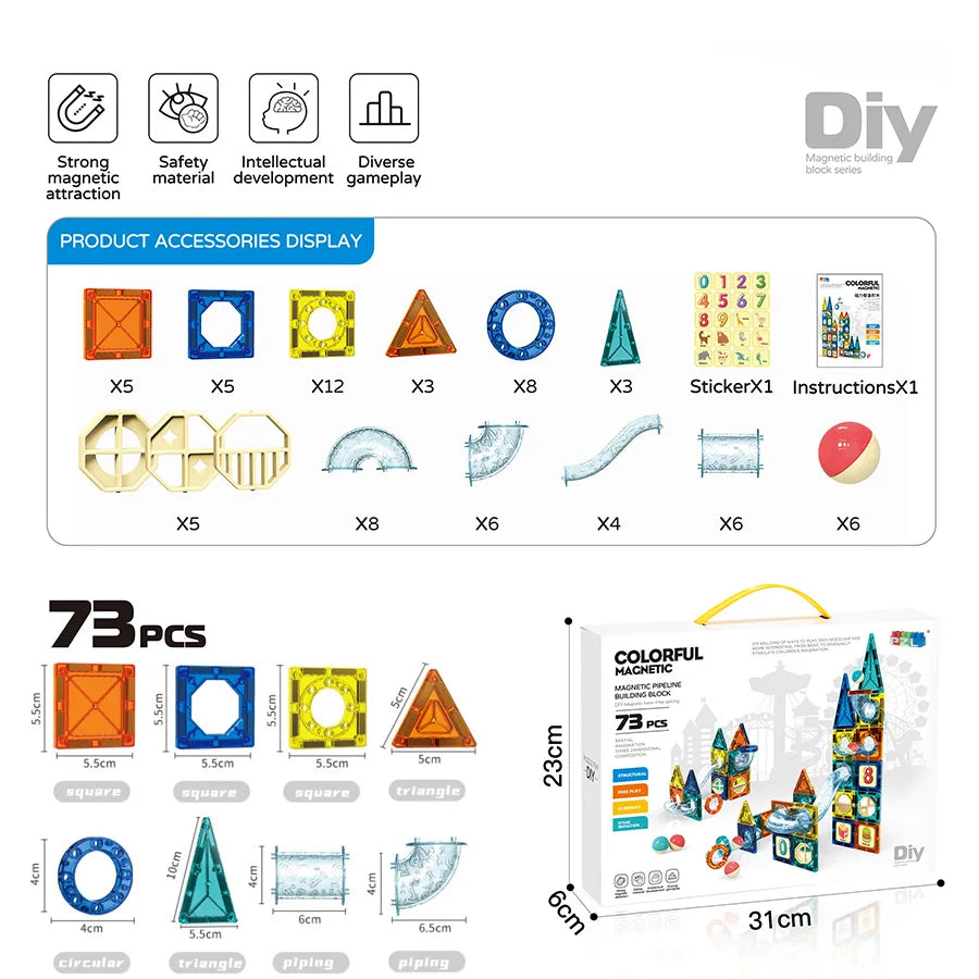 Children's Pipe Magnetic Sheet Building Blocks Playset 73pcs Variety Building Blocks Children's Educational Early Education Toys