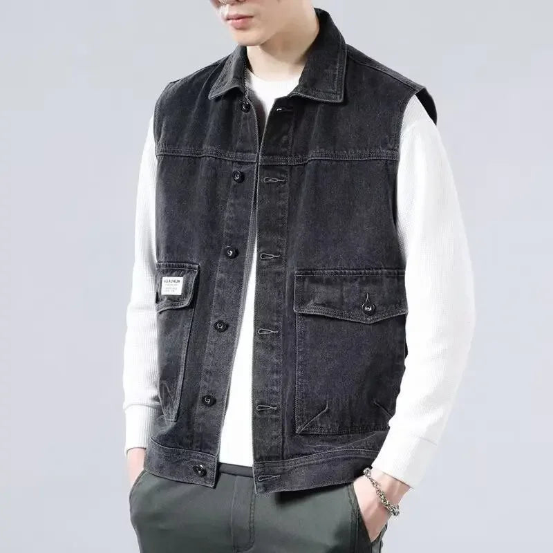 Loose Men's Denim Vest Spring Autumn American Retro Style Sleeveless Workwear Jacket Casual Trendy Brand Outerwear