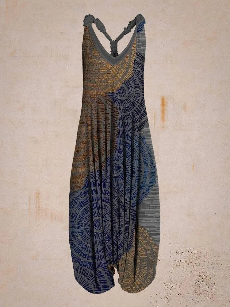 Bohemian Women's V-neck Sleeveless Jumpsuit Retro Ethnic Halter Top Harem Pants Beach Fashionable Casual Floral Print Jumpsuit