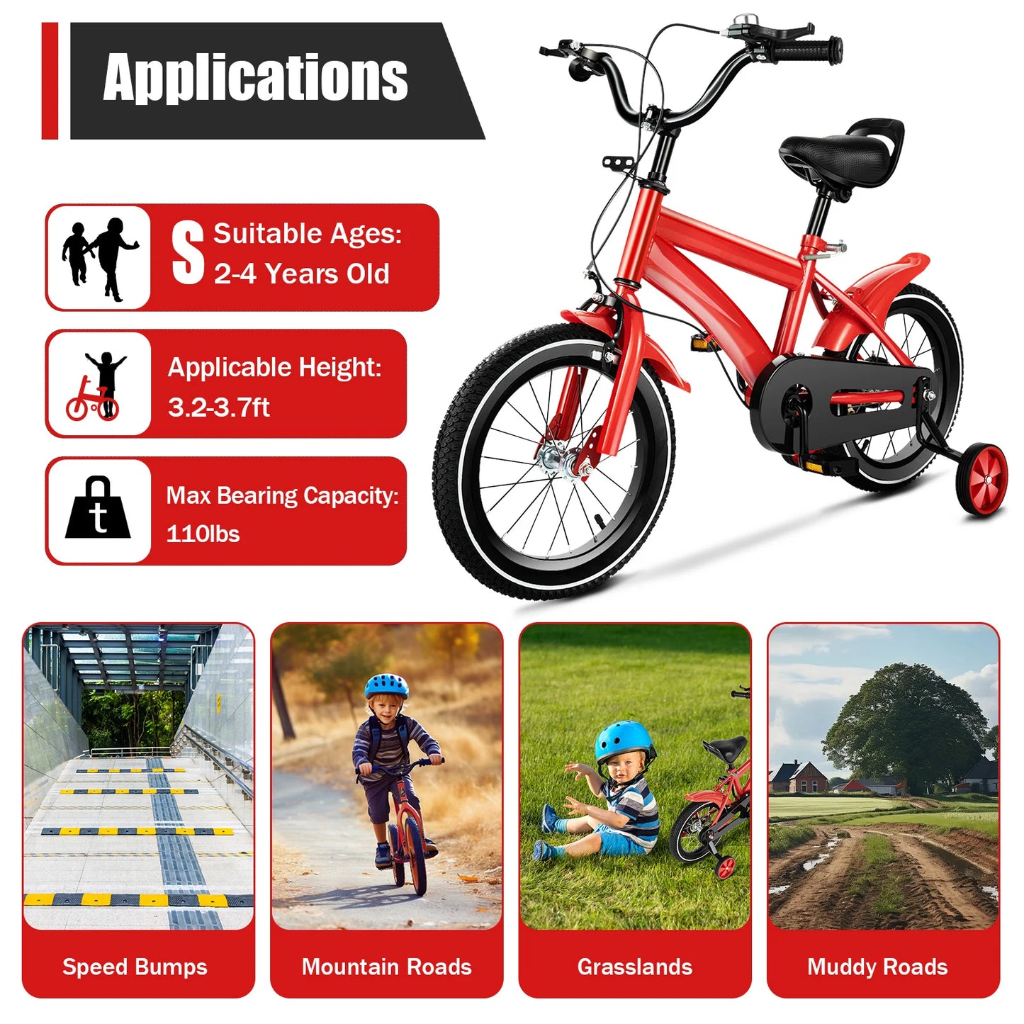 14inch Children's Bicycle with Training Wheel for 2-5 Year-Old Boys and Girls, Height Adjustable Kids Bike White/Yellow/Red/Blue