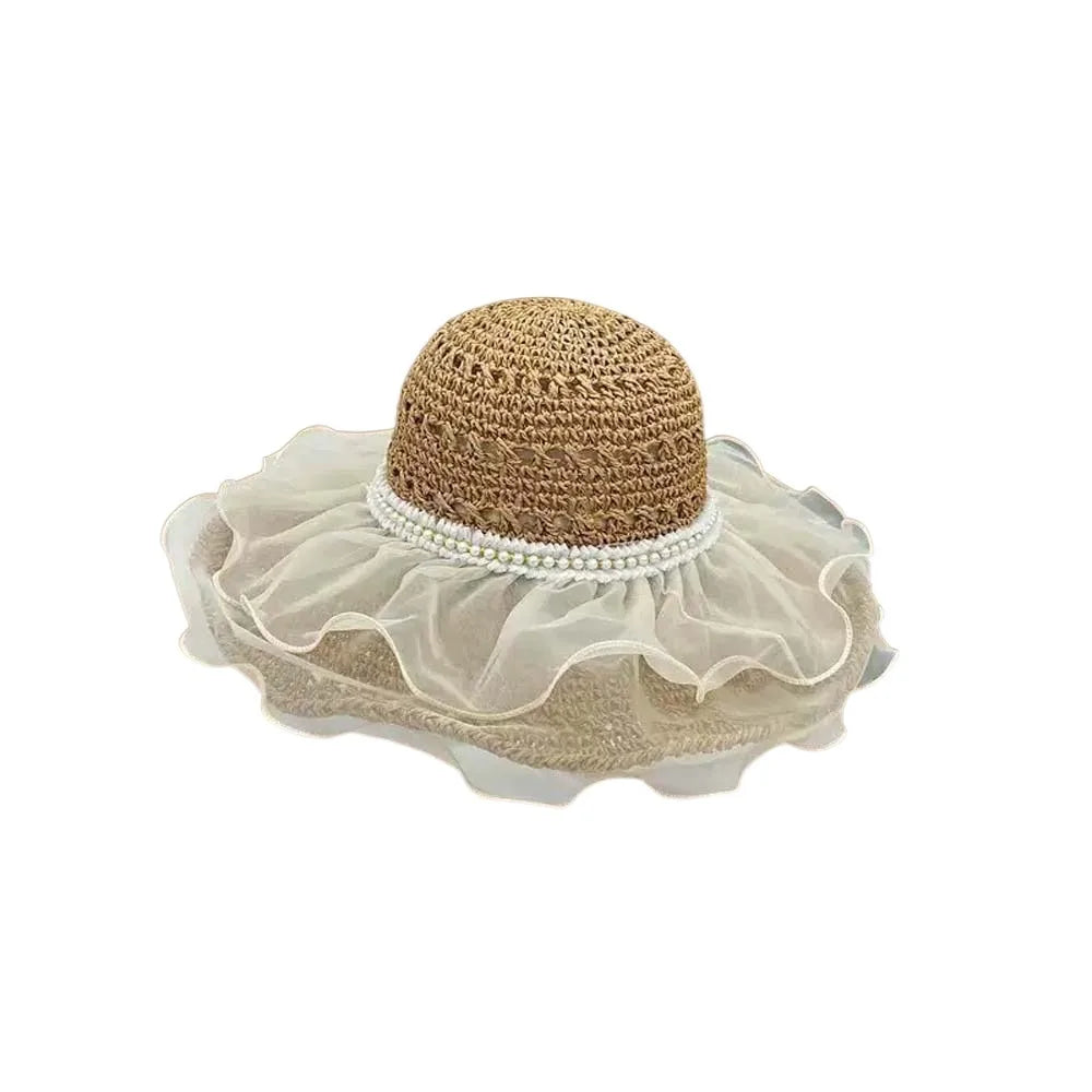 Beige Portable Lace Pearls Sun Cap Hollow Out Polyester Straw Weaving Beach Hat Breathable Thin Big Brimmed Woven Cap Women