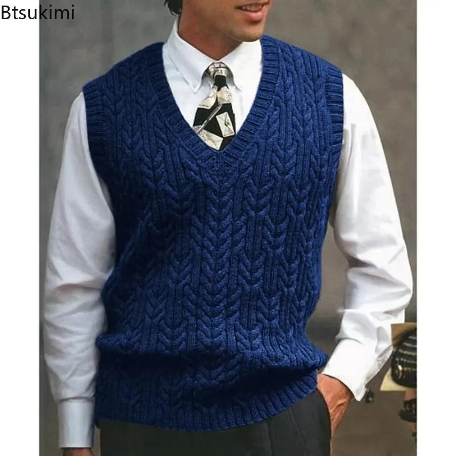 2025 Men's Autumn Winter Warm Casual Knitted Sweater Vest  Sleeveless V Neck Fleece Western Sweaters for Men Sueter Para Hombre