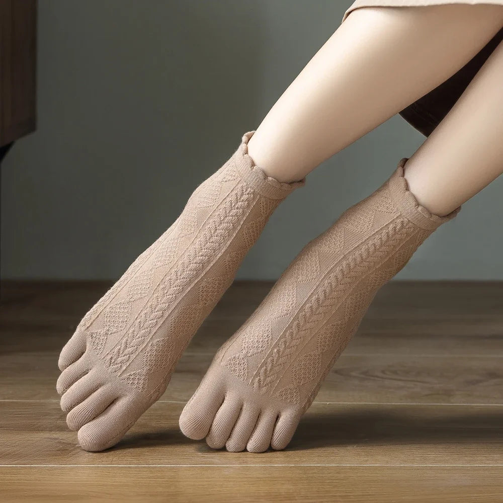 3 Pairs Summer Mesh Toe Socks Women Embroidered Floral Five Finger Socks High Quality Cotton Athletic Socks